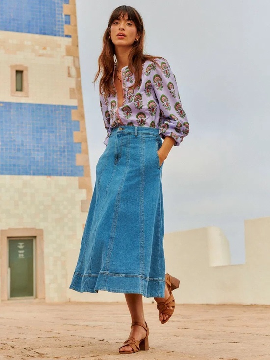 Boden Dresses & Skirts - Boden Skirt Womens 14 Joy Panelled Denim Midi High Rise